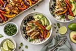 Tray Sheet-Pan Fajita Chicken Bowls recipe from Sunday Box Kitchen