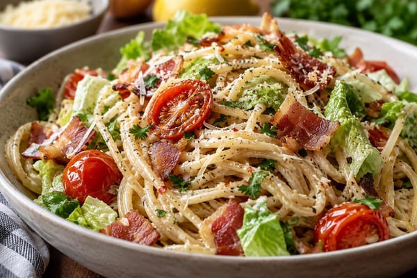 Lightning BLT Pasta with Creamy Yogurt Sauce recipe from Quarter Hour Table