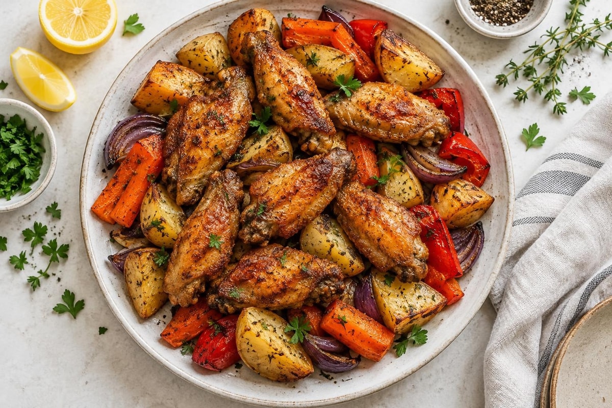 Crispy Baked Chicken Wings with Roasted Vegetables recipe from Thrifty Thyme