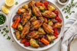 Crispy Baked Chicken Wings with Roasted Vegetables recipe from Thrifty Thyme