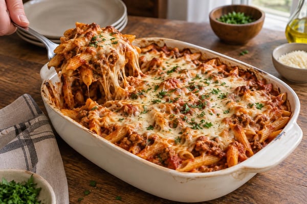 Lazy Lasagna Penne Bake recipe from Hearthday Table