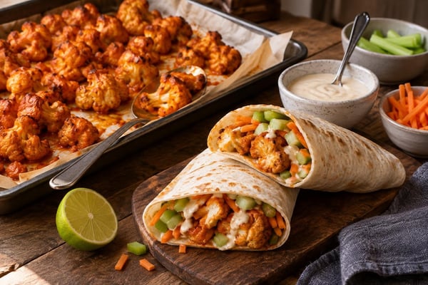 Vegan Buffalo Cauliflower Wraps recipe from Pure Fork Plant Lab