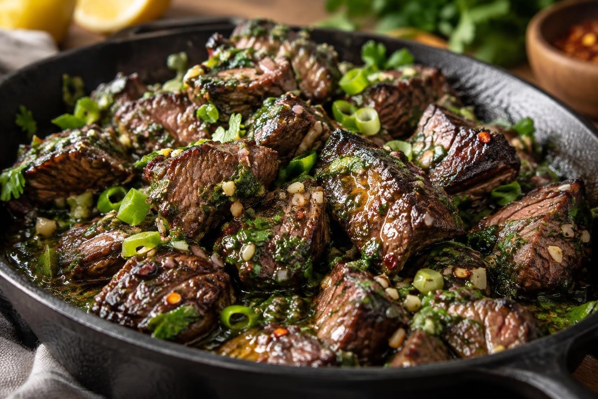 One-Skillet Chimichurri Steak Bites One-Skillet Chimichurri Steak Bites recipe from Quarter Hour Table