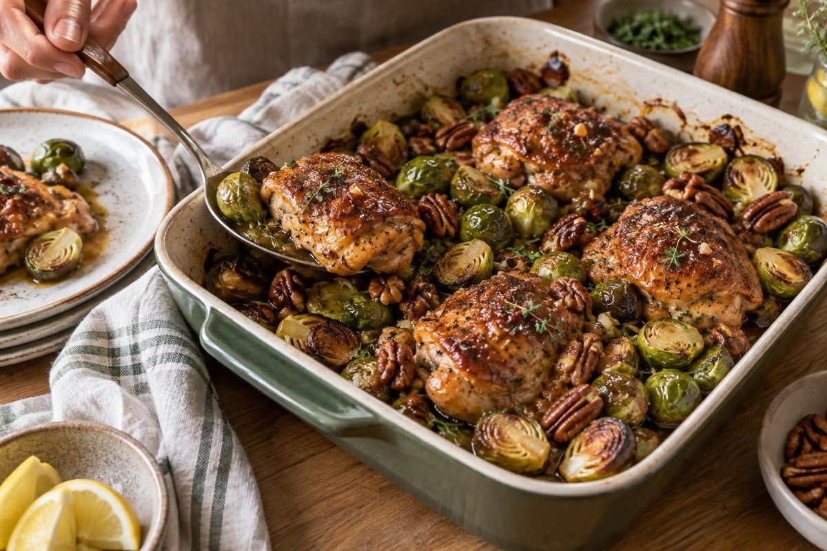 Maple Pecan Roast Brussels Chicken Tray Maple Pecan Roast Brussels Chicken Tray recipe from Primal Flame Kitchen