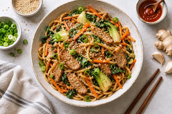 Roasted Sesame Pork Noodle Stir-Fry Roasted Sesame Pork Noodle Stir-Fry recipe from Crossroads Kitchen