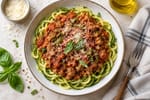 Spiralized Zucchini Turkey Bolognese recipe from Counter Carb Kitchen
