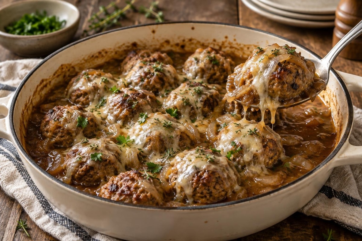 From-Scratch French Onion Meatballs recipe from Simone's Protein Plate