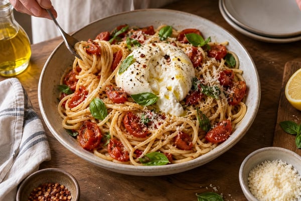 Hand-Cut Confit Tomato Basil Burrata Pasta Hand-Cut Confit Tomato Basil Burrata Pasta recipe from Copper Ladle Studio