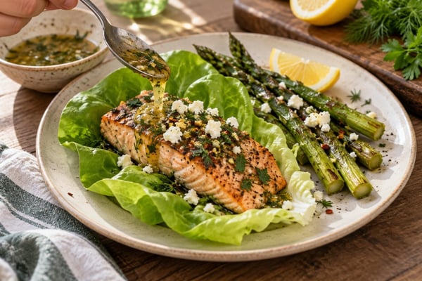 Lettuce-Wrapped Garlic Herb Salmon with Asparagus recipe from Carb Smart Table
