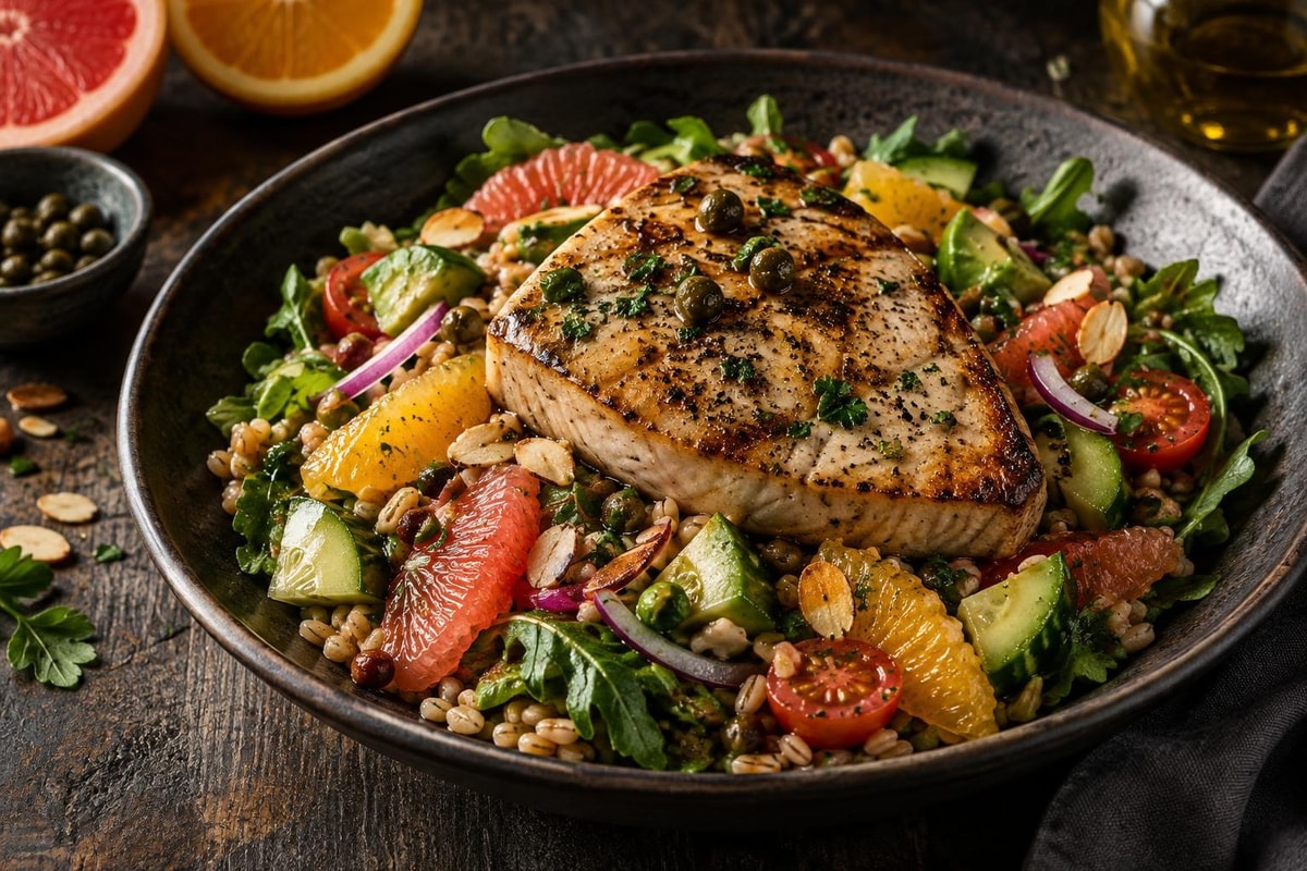 Nutrient-Dense Seared Swordfish Citrus Salad Nutrient-Dense Seared Swordfish Citrus Salad recipe from Bright Balance Kitchen
