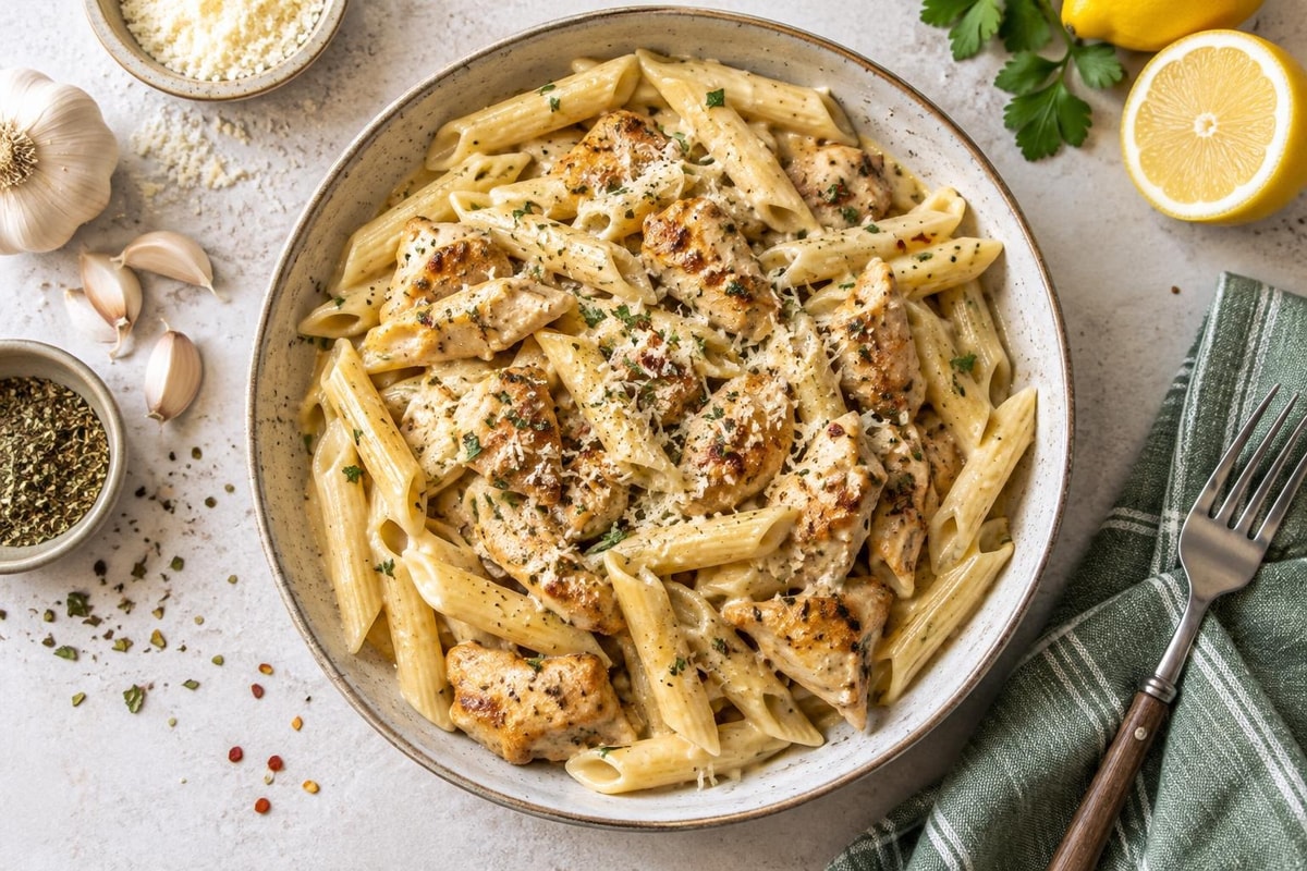 Garlic Parmesan Chicken Pasta Garlic Parmesan Chicken Pasta recipe from Thrifty Thyme