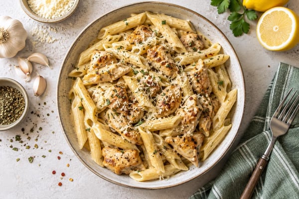 Garlic Parmesan Chicken Pasta recipe from Thrifty Thyme