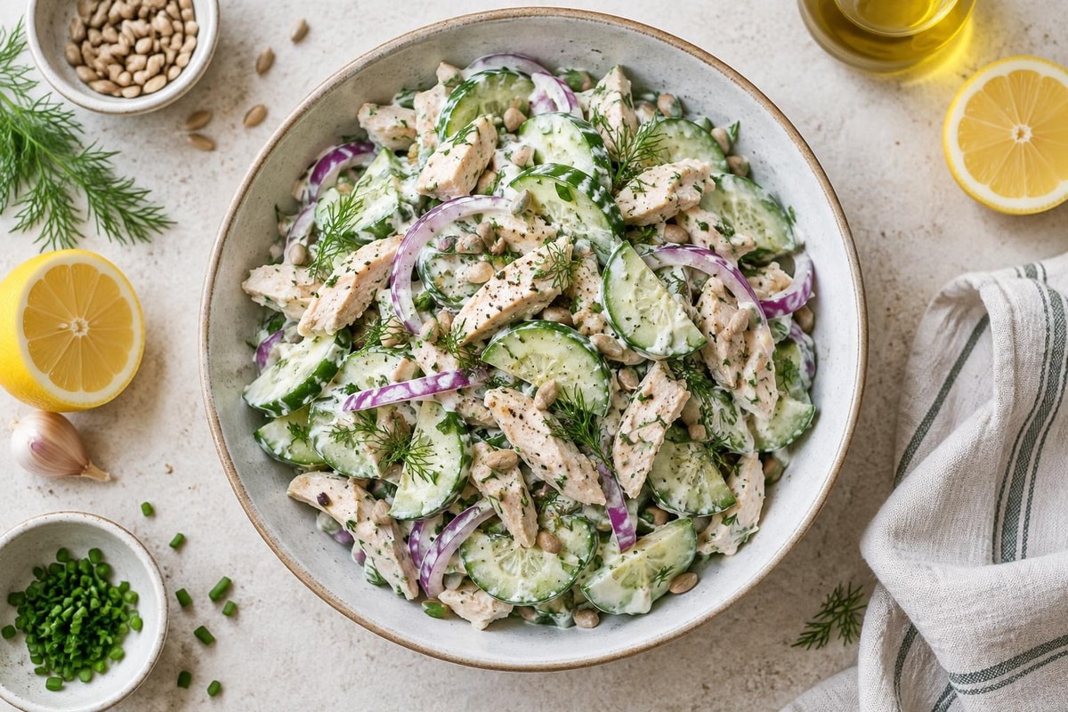 Creamy Garlic Cucumber Salad recipe from Derek's Table