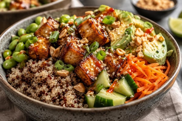 Loaded Edamame Crunch Tofu Bowls recipe from Macro Plate Co.