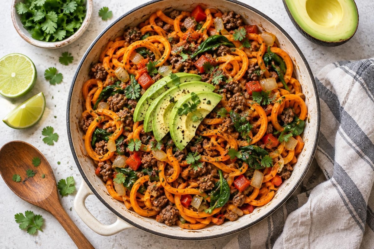 Spiralized Sweet Potato Beef Skillet Spiralized Sweet Potato Beef Skillet recipe from Primal Flame Kitchen