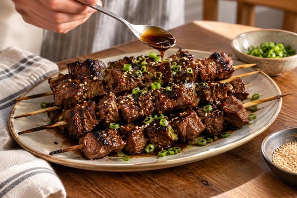 Grilled Lean Beef Teriyaki Skewers recipe from Macro Plate Co.