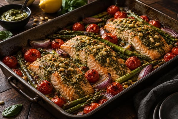 Dairy-Free Pesto Salmon Tray recipe from Clear Brook Kitchen
