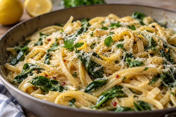 One-Skillet Creamy Lemon Spinach Pasta One-Skillet Creamy Lemon Spinach Pasta recipe from Quarter Hour Table