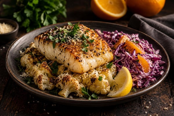 Cauliflower Pan-Seared Cod with Citrus Slaw recipe from Carb Smart Table