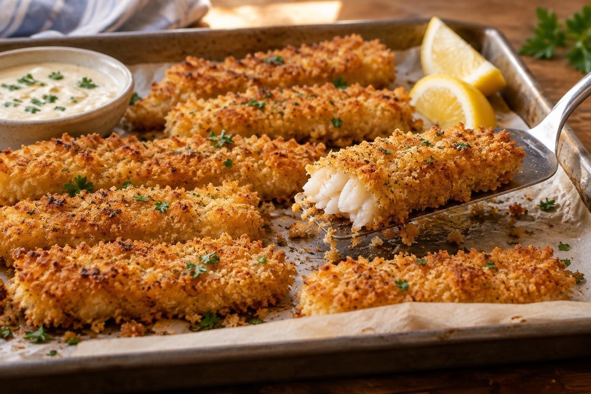 Mild Crispy Parmesan Fish Sticks Tray recipe from Little Fork Academy