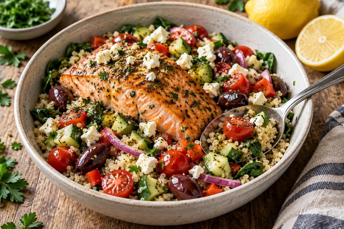 Rainbow Mediterranean Salmon Grain Bowls Rainbow Mediterranean Salmon Grain Bowls recipe from Bright Balance Kitchen