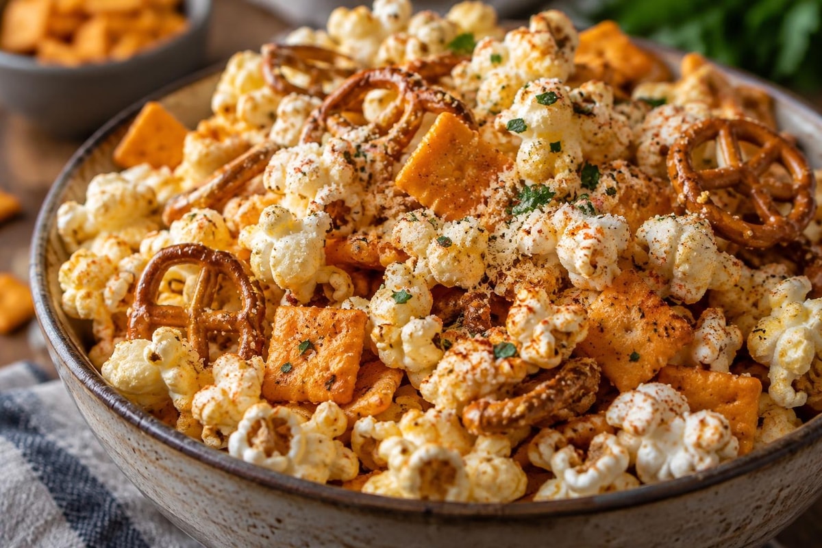 Cheesy Parmesan Popcorn Snack Mix recipe from Little Fork Academy