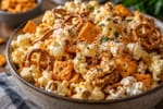 Cheesy Parmesan Popcorn Snack Mix recipe from Little Fork Academy