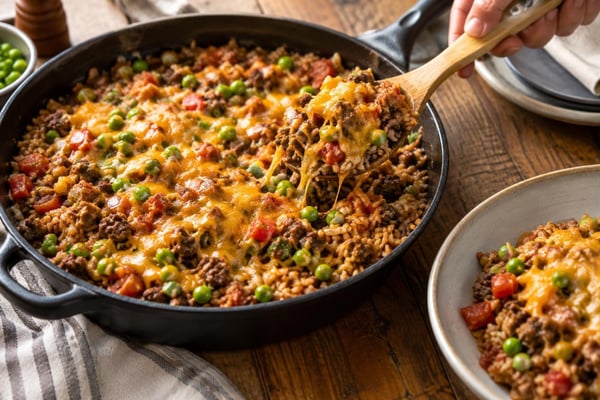 Cheesy Beef and Rice Skillet recipe from Thrifty Thyme