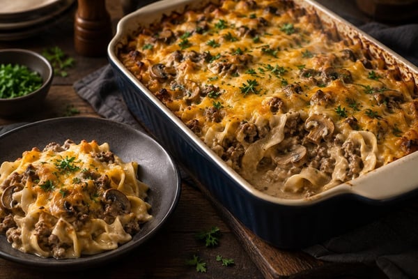 Creamy Beef Stroganoff Bake recipe from Freezer Meals Hub