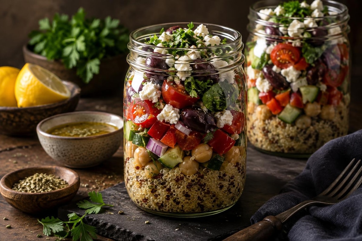 Nutrient-Dense Greek Chickpea Salad Jars Nutrient-Dense Greek Chickpea Salad Jars recipe from Bright Balance Kitchen
