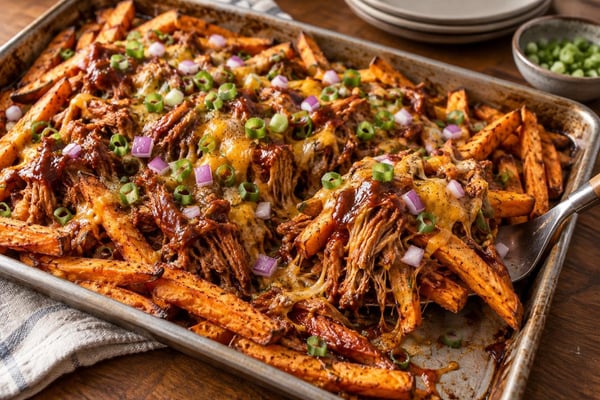 BBQ Pork Sweet Potato Fries Tray recipe from Safe Harbor Table