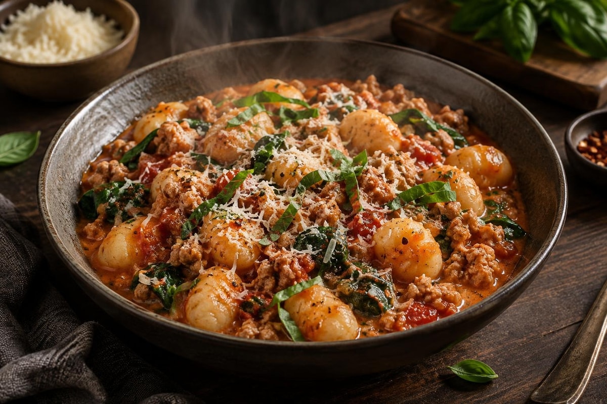 One-Pot Tomato Basil Turkey Gnocchi recipe from Crossroads Kitchen