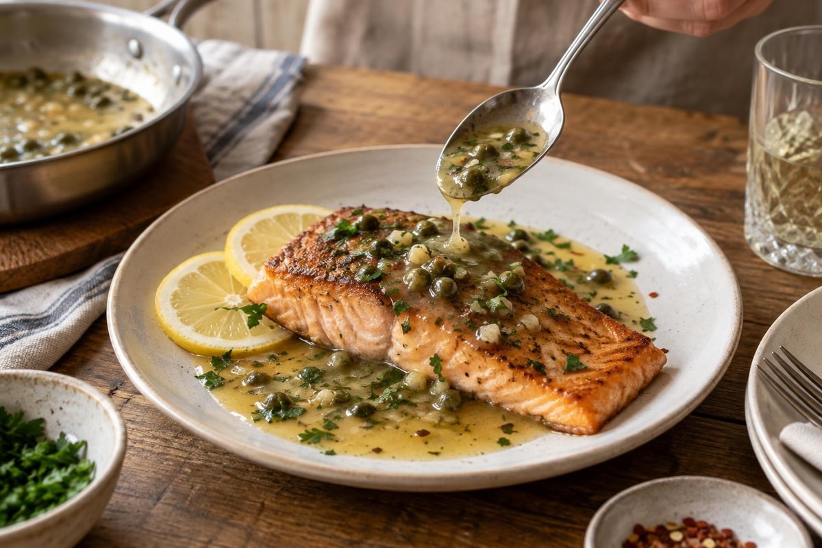 Seared Salmon Lemon Caper Sauce Seared Salmon Lemon Caper Sauce recipe from Harbor Spoon Kitchen