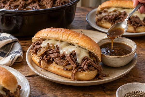 Slow-Simmer Slow Cooker French Dip Sandwiches recipe from Velvet Spoon Kitchen