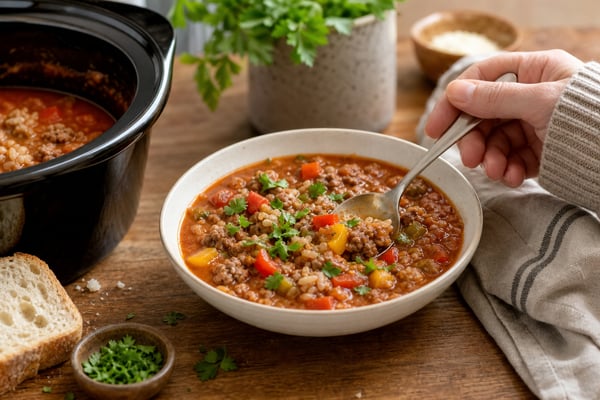 Slow Cooker Stuffed Pepper Soup with Fresh Herbs recipe from Ember Pot