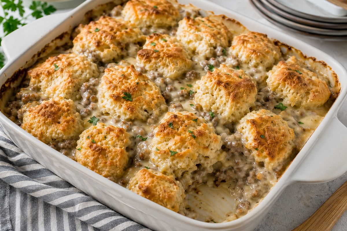 Biscuit and Gravy Casserole recipe from The Frosted Fork