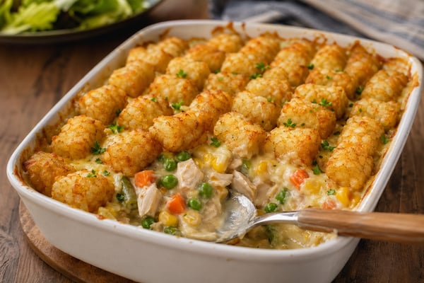 Chicken Pot Pie Tater Tot Casserole Chicken Pot Pie Tater Tot Casserole recipe from The Frosted Fork
