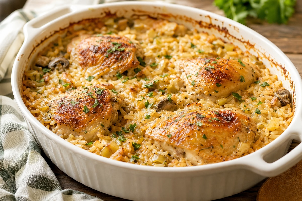 No Peek Chicken and Rice Casserole recipe from The Frosted Fork