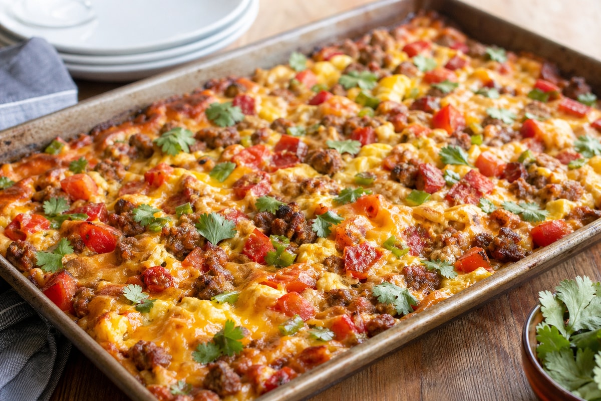 Tomato Chile Sausage Sheet Pan Breakfast Casserole recipe from The Frosted Fork