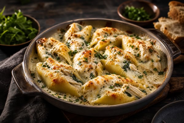 Chicken Alfredo Stuffed Shells recipe from Hearthday Table