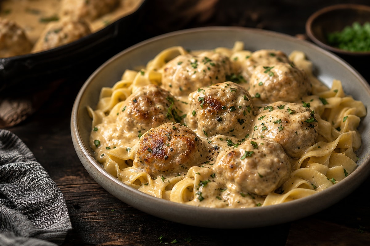 Chicken Meatballs in Cream Sauce recipe from Hearthday Table