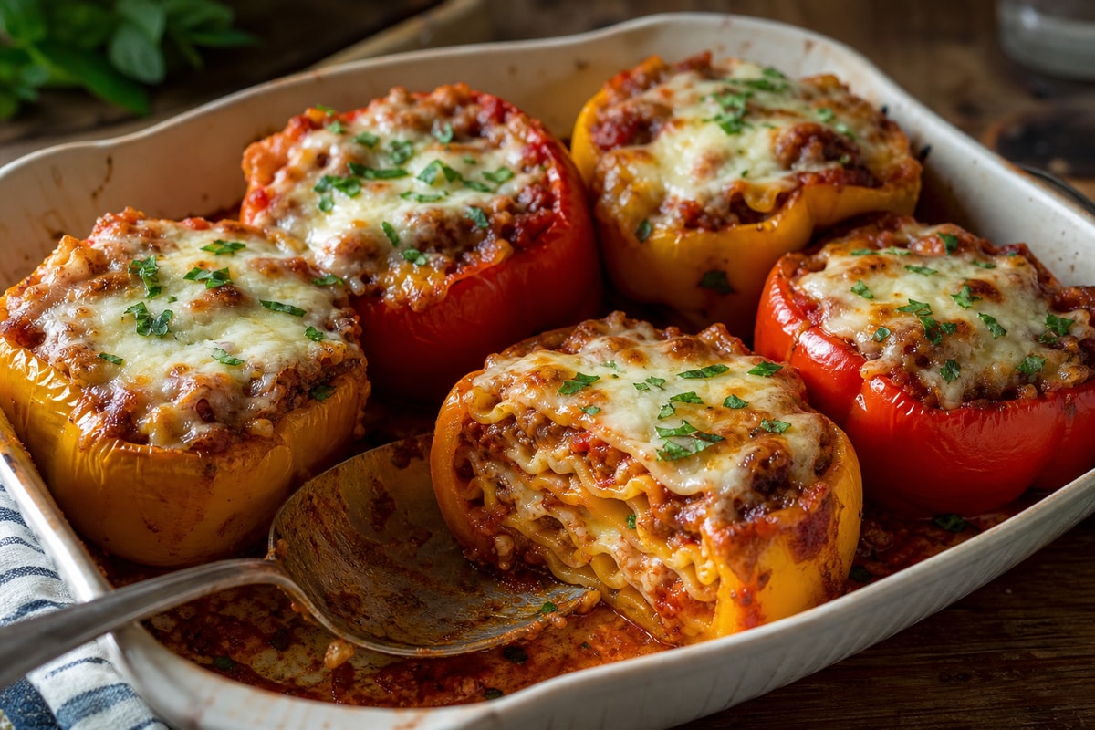 Lasagna Stuffed Peppers recipe from Hearthday Table