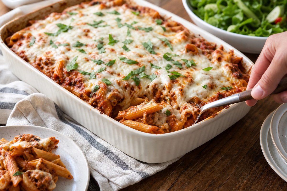 Lazy Lasagna Penne Bake recipe from Hearthday Table