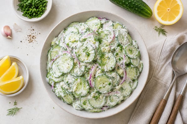 Creamy Garlic Cucumber Salad recipe from Derek's Table