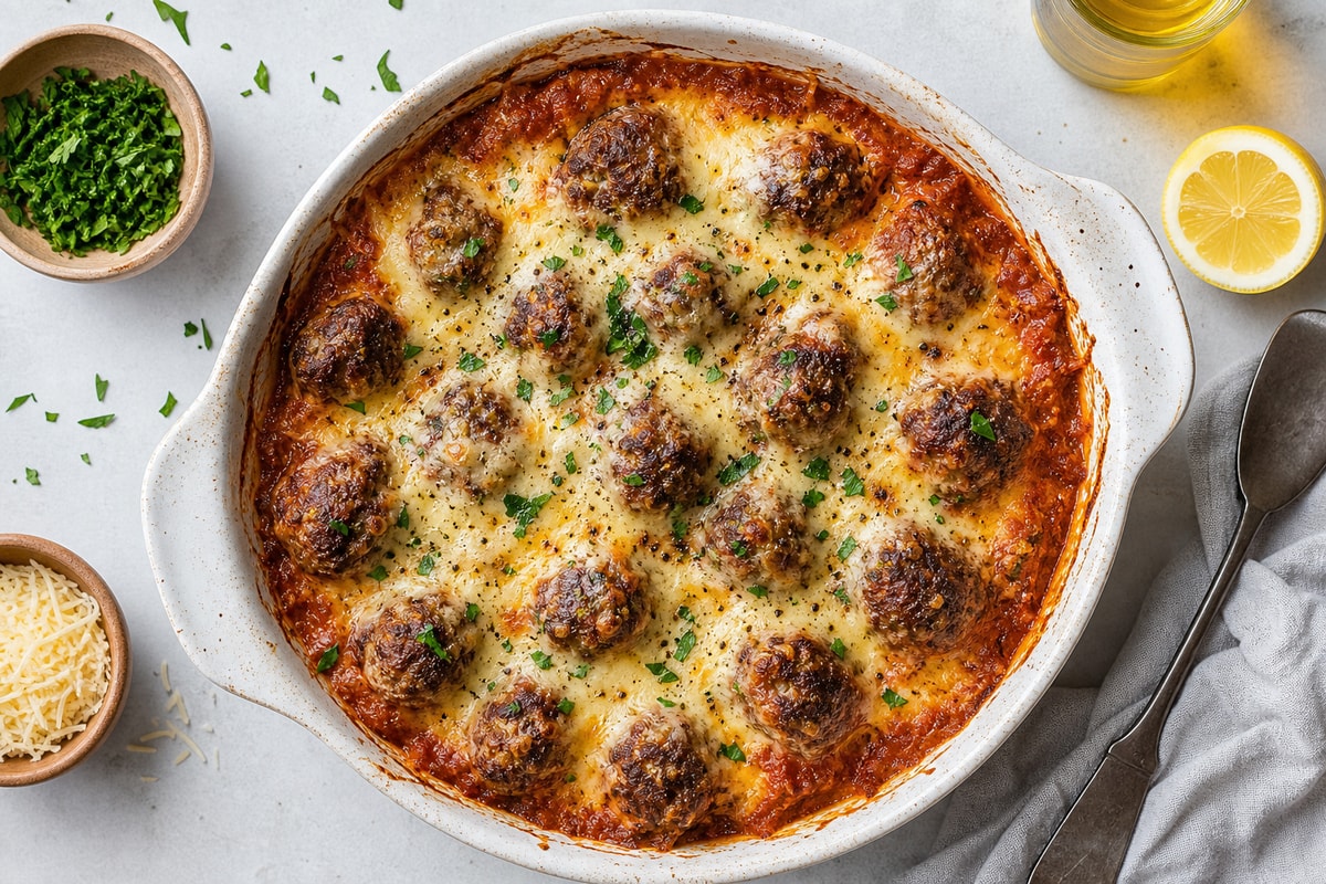 Low Carb Slow Cooker Meatball Casserole recipe from Derek's Table