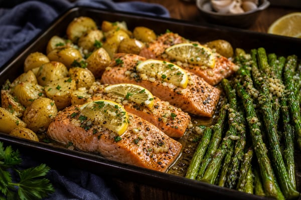 Sheet Pan Lemon Garlic Salmon with Potatoes and Asparagus Sheet Pan Lemon Garlic Salmon with Potatoes and Asparagus recipe from Derek's Table