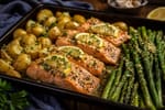Sheet Pan Lemon Garlic Salmon with Potatoes and Asparagus recipe from Derek's Table