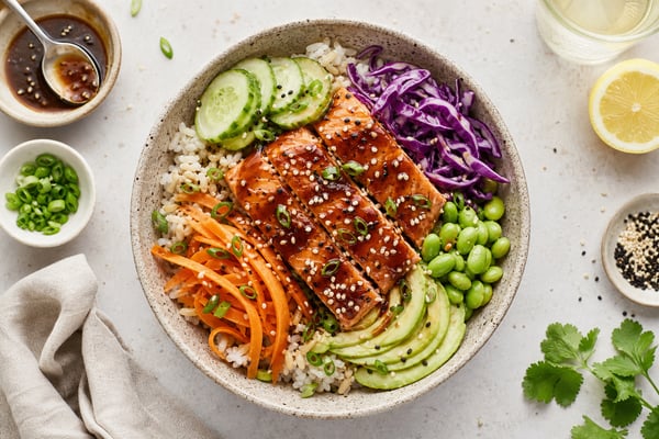 Teriyaki Salmon Bowls Teriyaki Salmon Bowls recipe from Derek's Table