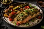 Dairy-Free Pesto Salmon Tray recipe from Clear Brook Kitchen
