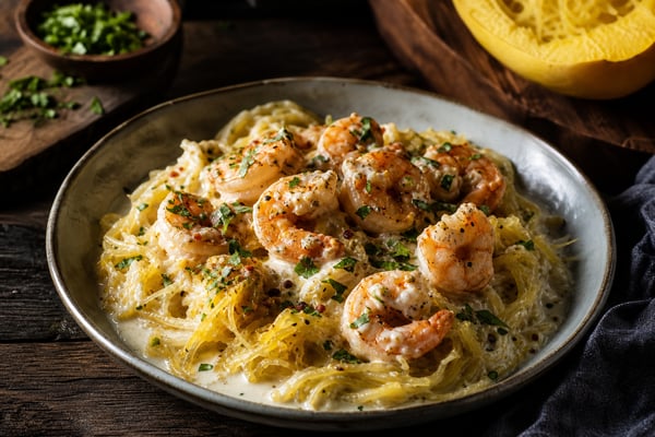 Garlic Shrimp Spaghetti Squash recipe from Clear Brook Kitchen